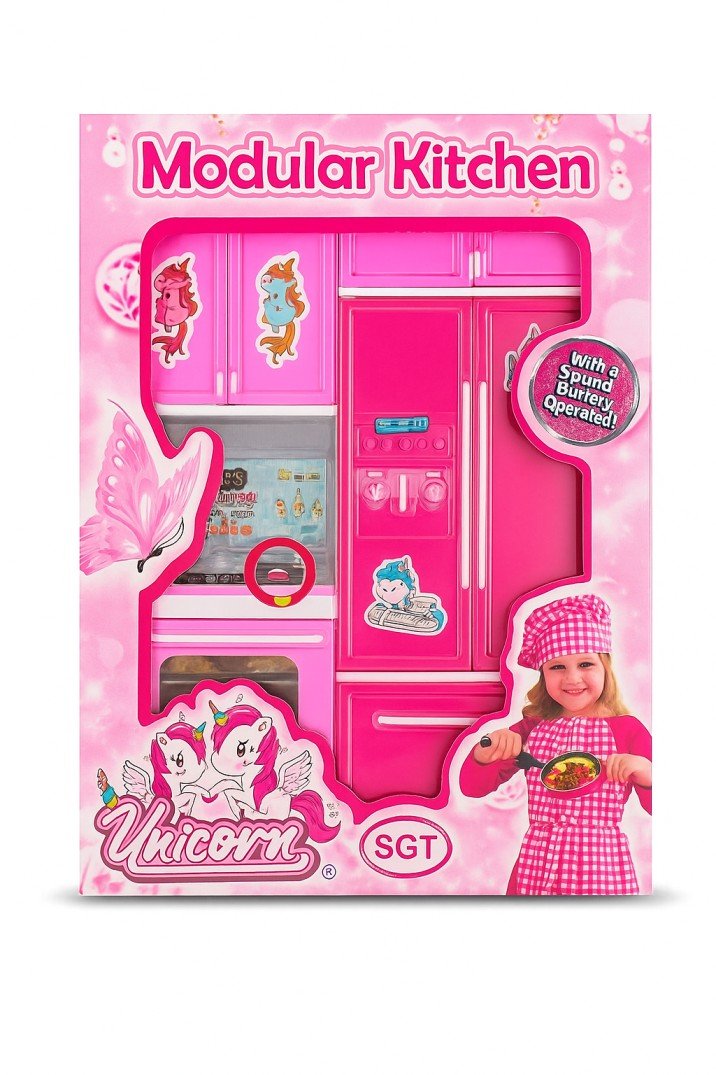 .Unicorn Kitchen Set for Kids Girls Cooking Pretend Playset Birthday Gift with Openable Door & Accessories Pink